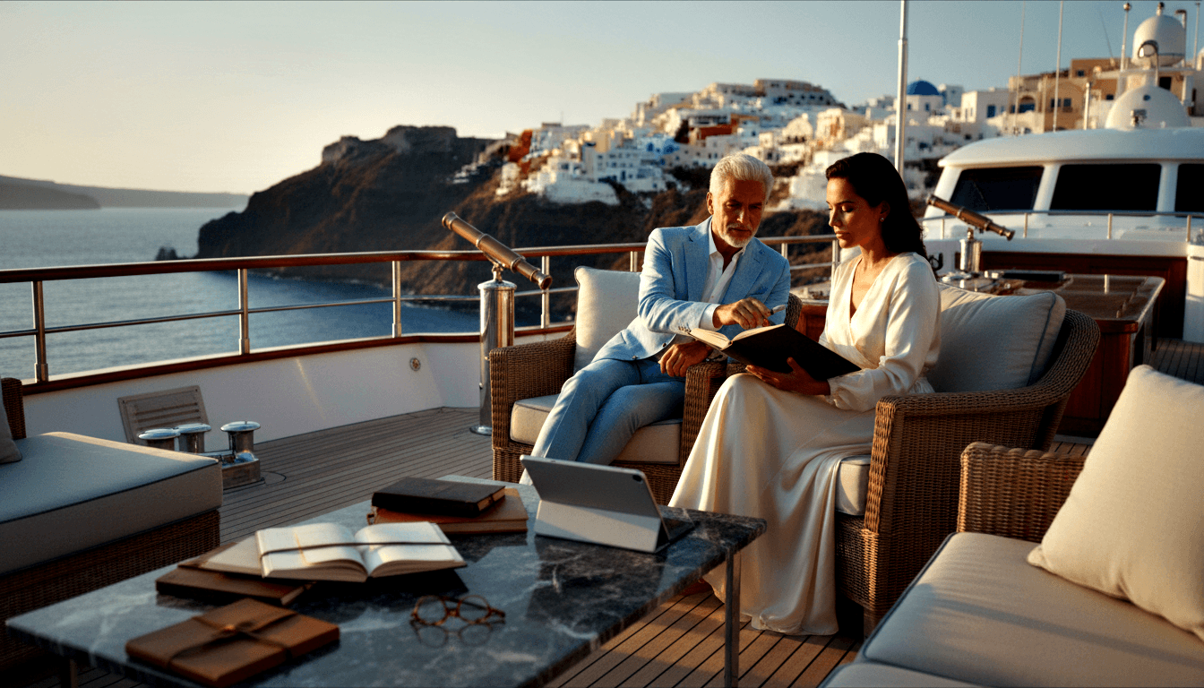 Silver-haired man in light blue suit and dark-haired woman in white satin dress review an open portfolio on a yacht deck.