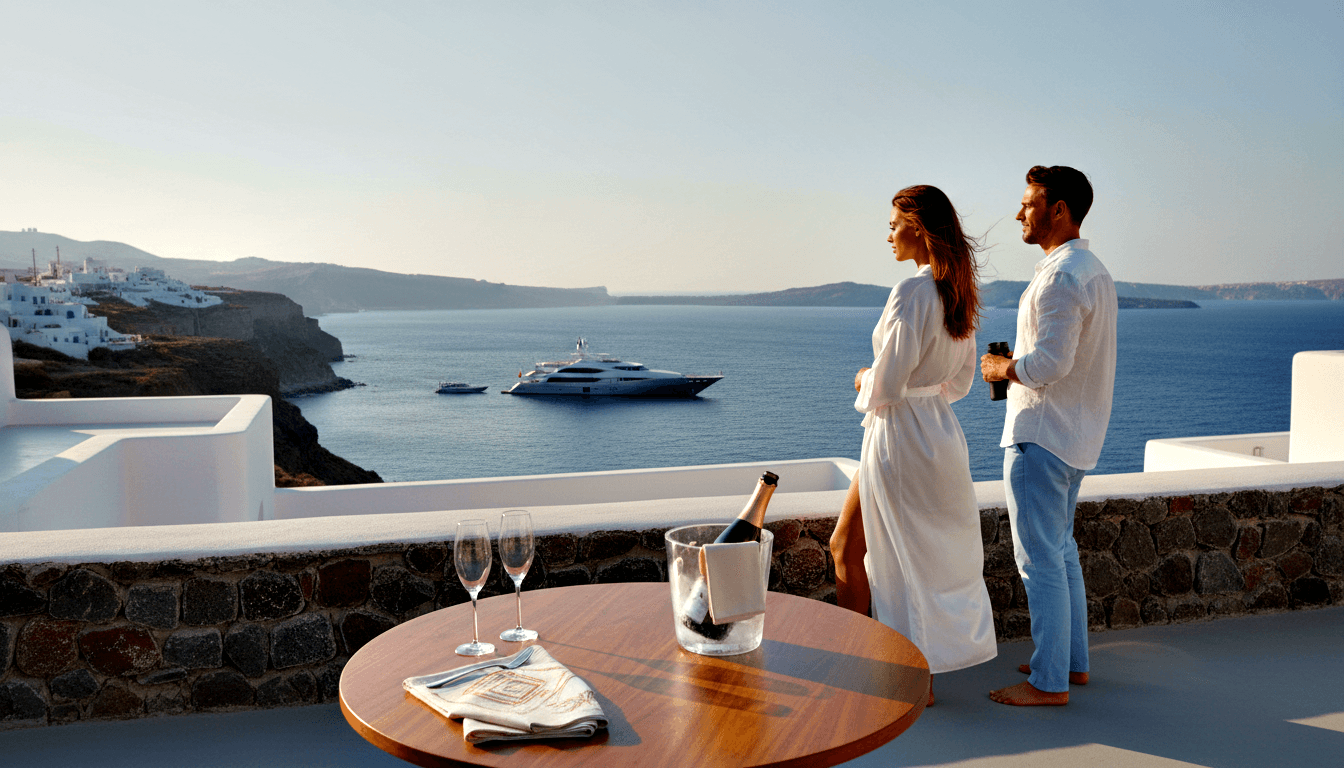 Woman in white bathrobe and man in linen shirt stand barefoot on whitewashed clifftop terrace, backs to camera, overlooking blue bay with yachts.