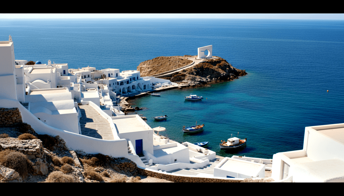 White cubic buildings cascade down a rocky hillside to a cove with turquoise water and small colored fishing boats at a quay.