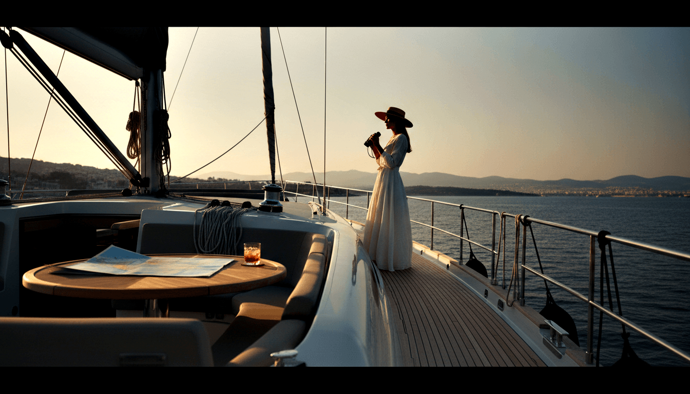 Woman in white dress and wide-brimmed reddish-brown hat stands on yacht rail holding binoculars toward a hilly coastal settlement.