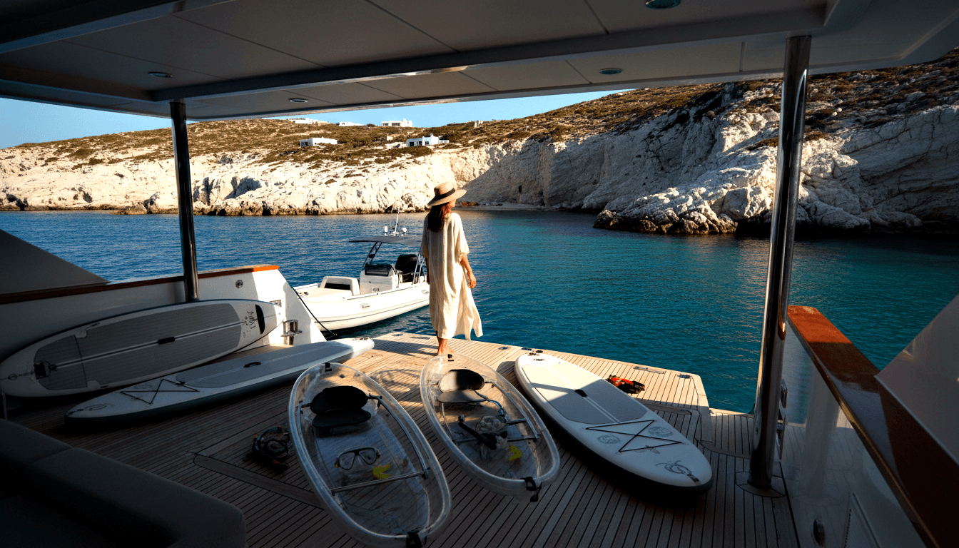 Woman in white dress and wide-brimmed hat stands on teak yacht deck facing a turquoise cove with limestone cliffs and whitewashed buildings.