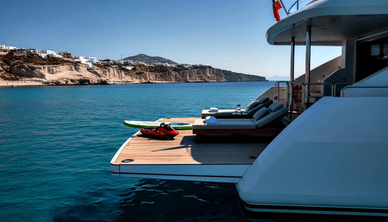 Yacht swim platform with teak deck, gray loungers, green paddle board, red kayak; turquoise water and limestone cliffs beyond.