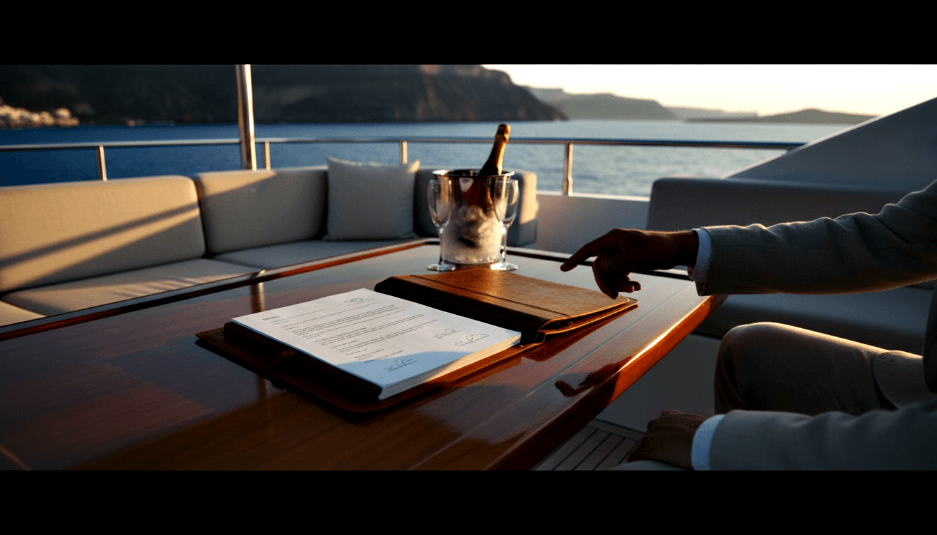 Hand in grey suit jacket gestures toward signed document on leather portfolio on teak yacht deck, champagne and crystal flutes nearby.