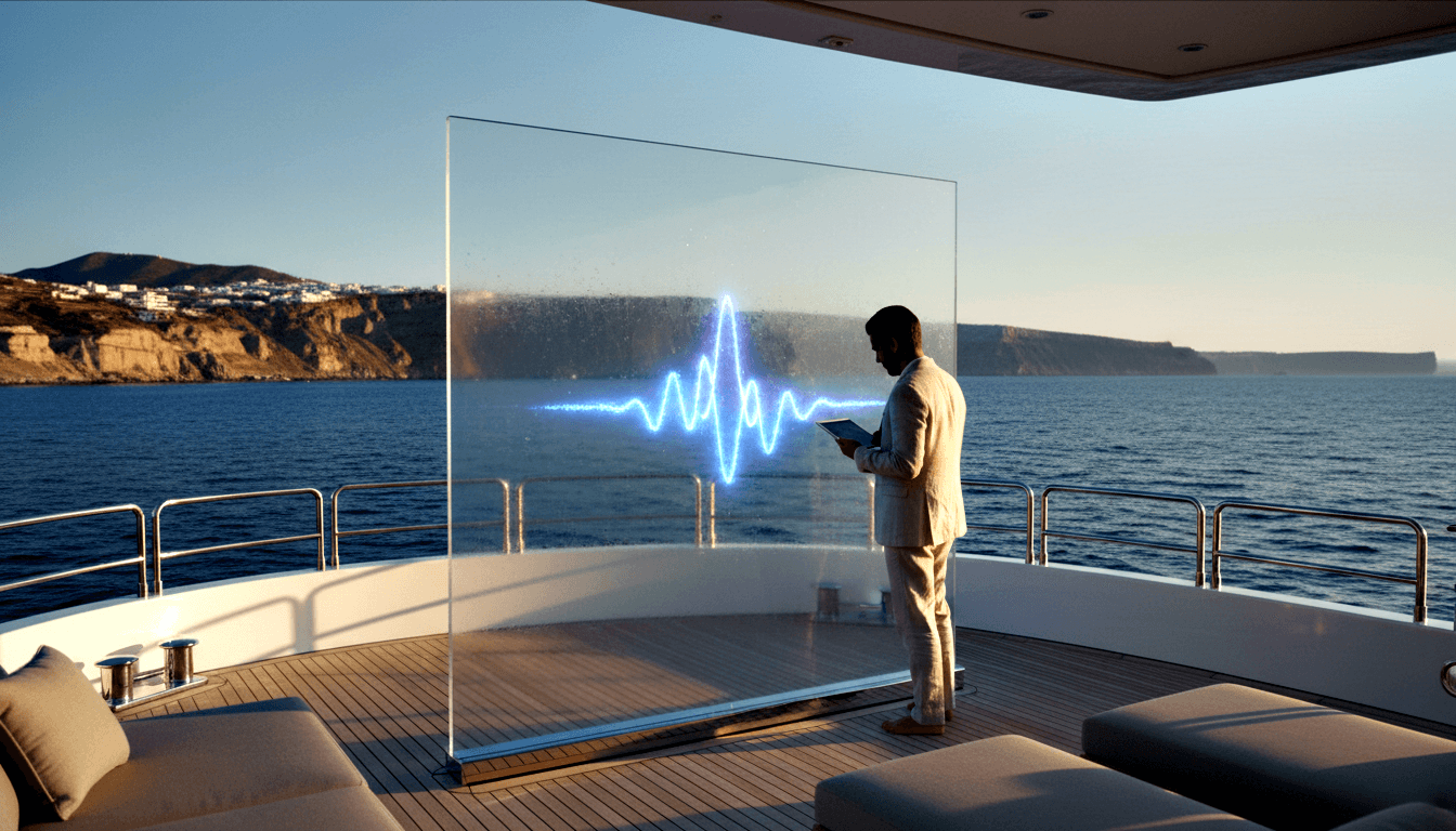 Man in beige linen suit on teak yacht deck holds tablet facing glass panel with blue waveform; cliffs and hillside settlement behind.
