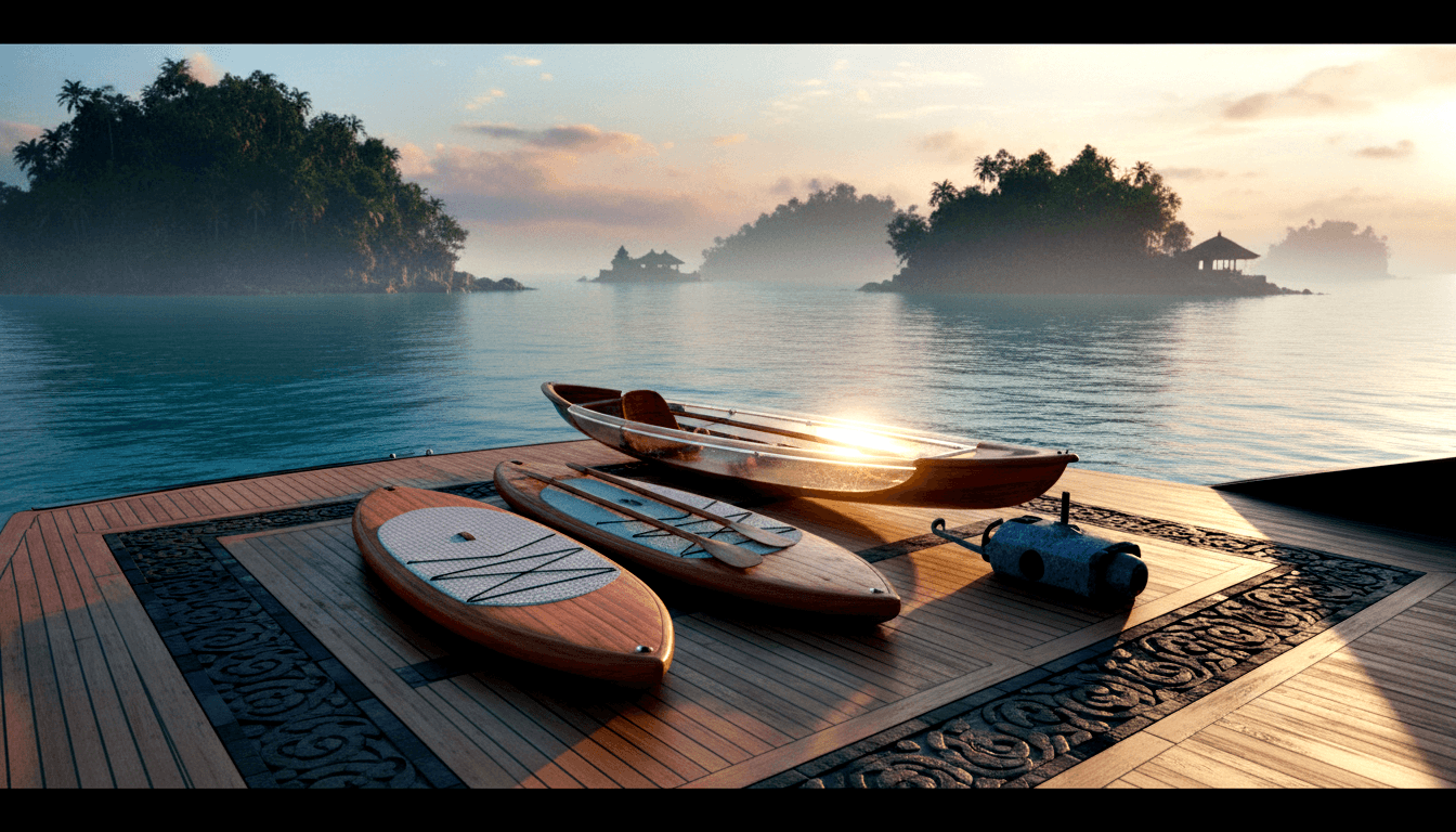 Teak deck with two wooden kayaks, a stand-up paddleboard, rolled blue towel, and mooring cleat overlooking a calm tropical bay.