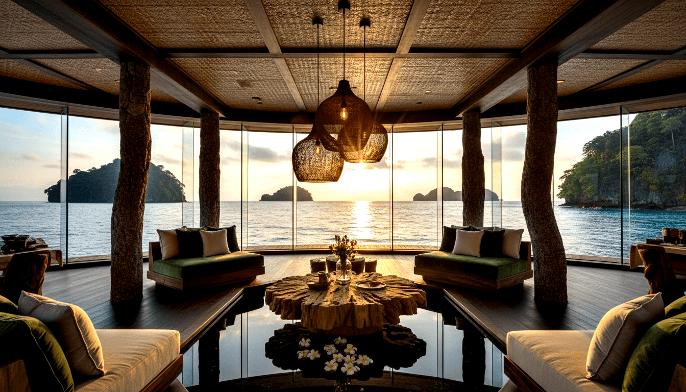 Open tropical pavilion with tree trunk columns, live-edge table, velvet benches, cream sofas, overlooking calm sea at golden hour.
