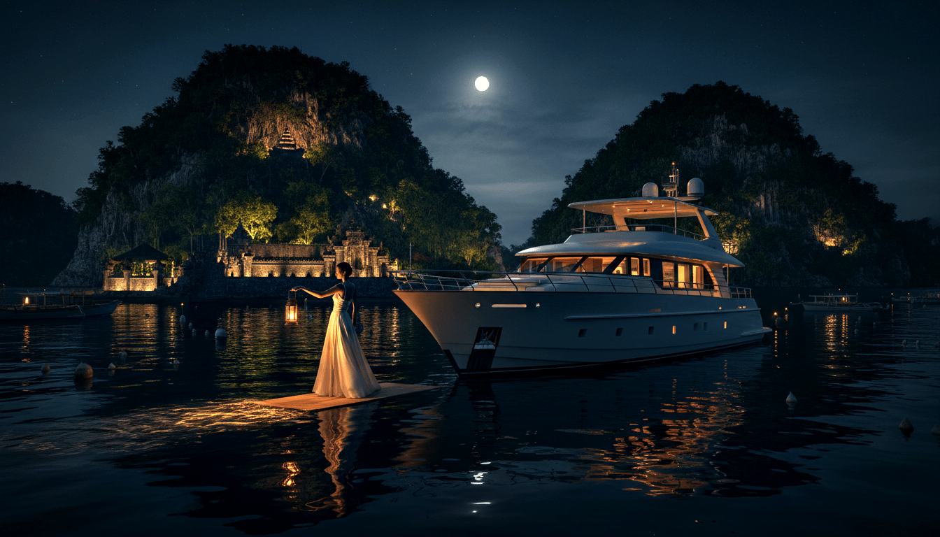 Woman in white gown holding amber lantern on dock beside large white yacht, with karst cliffs and ornate stone structure at night.