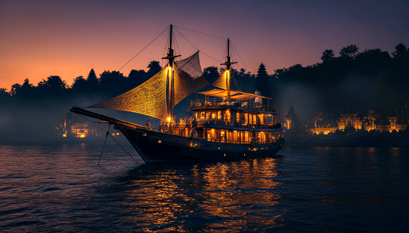 Dark-hulled two-masted wooden sailing vessel with glowing latticed sails on calm water at dusk, one figure on upper deck.