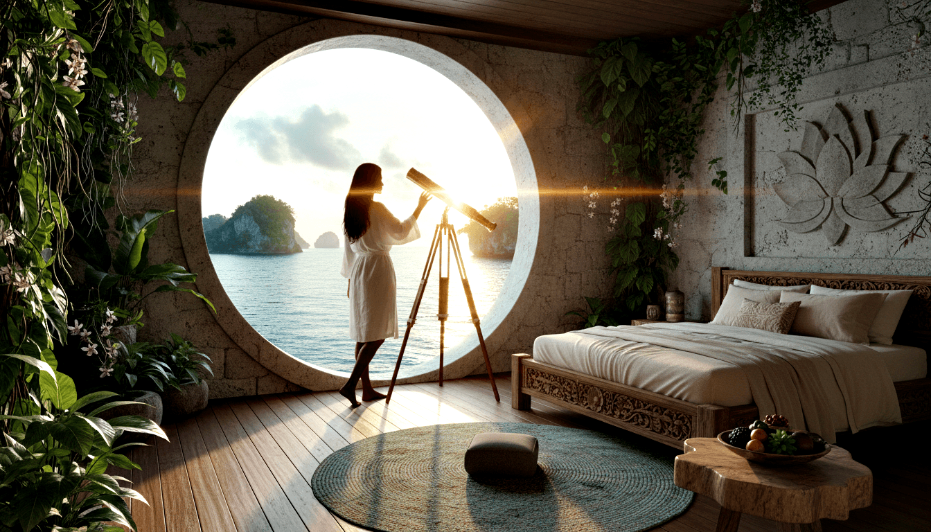 Woman in white dress stands silhouetted at circular window using brass tripod telescope, overlooking calm sea with rocky islands.
