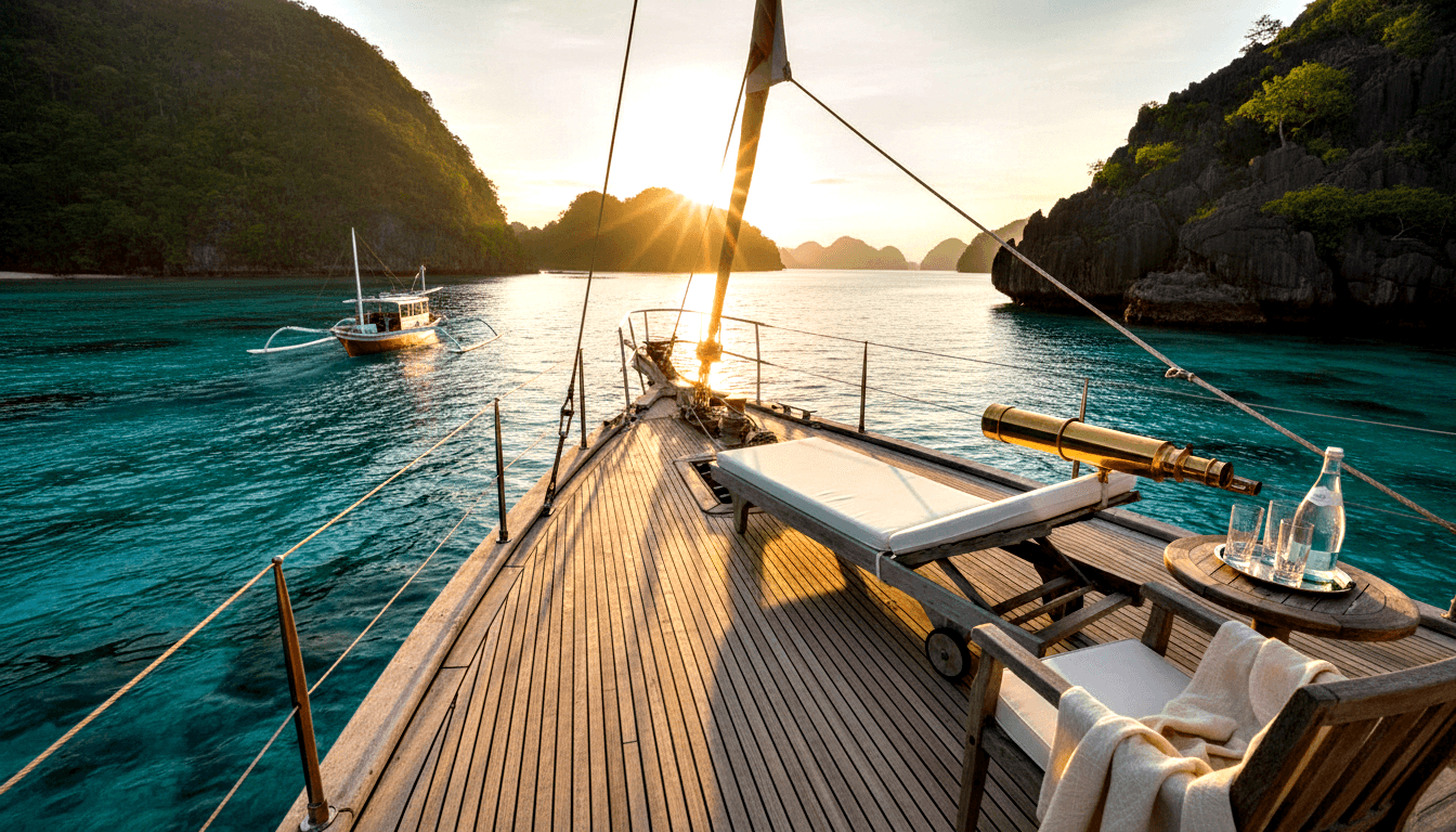 Bow deck of a sailing vessel with teak planks pointing toward a golden-hour sun, flanked by karst limestone cliffs and calm turquoise water.