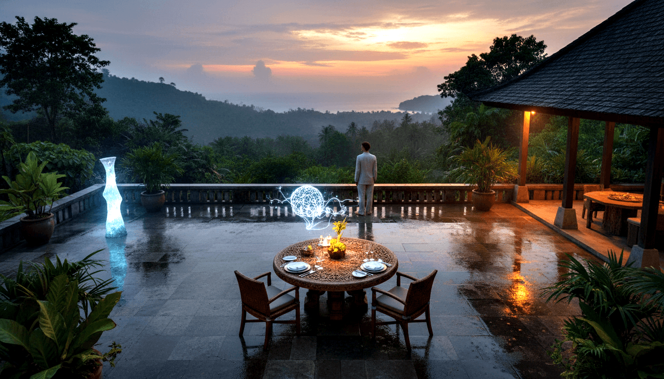 Wet stone terrace at dusk: dining table with candles and yellow flowers; figure in formal attire gazes over misty hills at amber sunset.