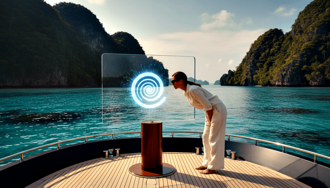 Barefoot woman in white leans toward a glowing blue-white spiral hologram on a transparent panel mounted on a wooden pedestal at a yacht's bow.