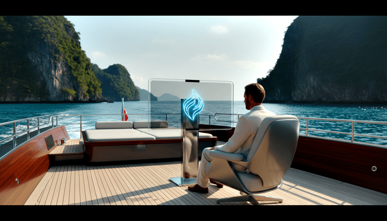 Man in white linen suit seated in reclined chair on yacht aft deck, facing a transparent display screen with glowing blue flame-and-leaf icon.