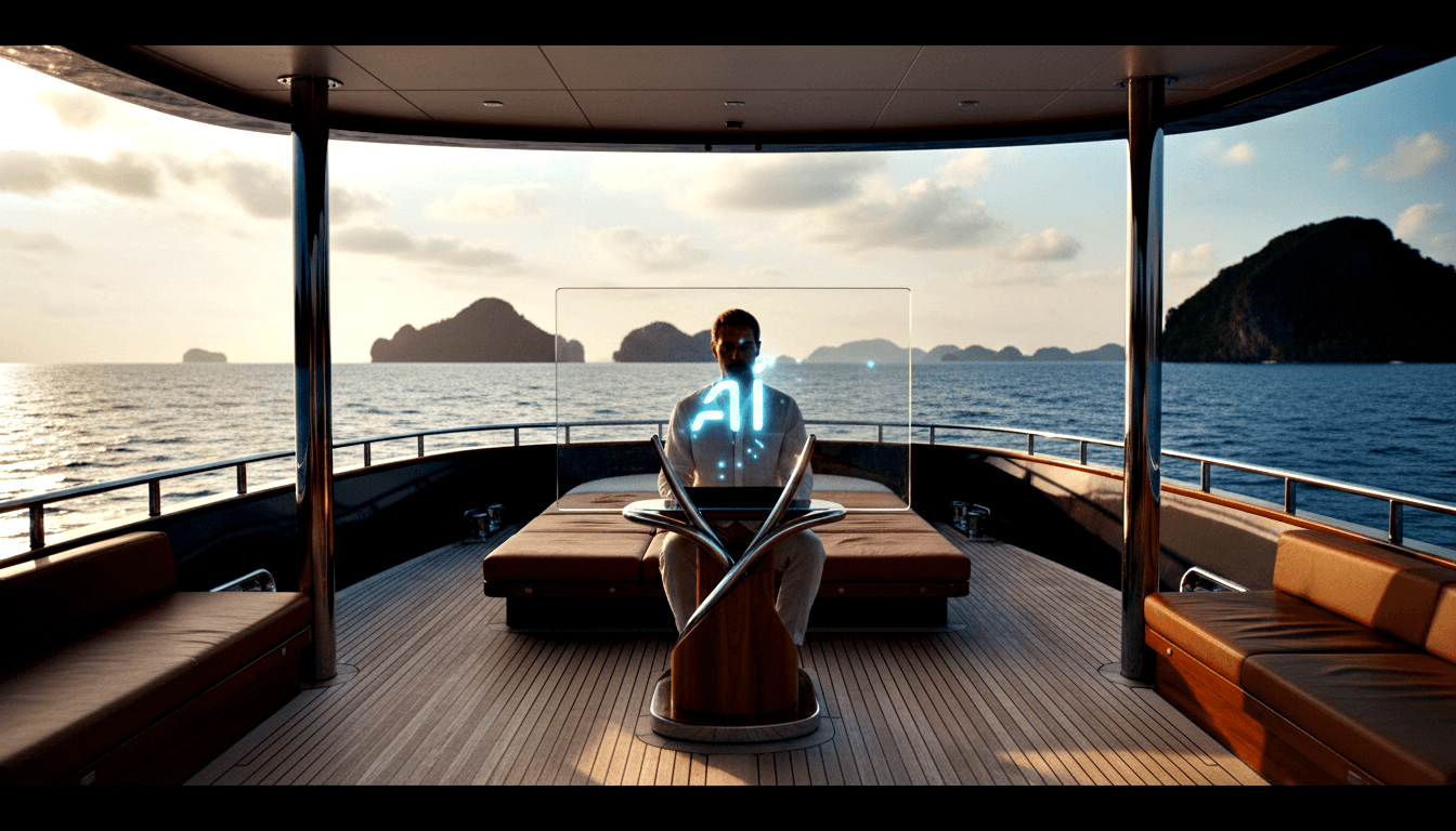 Person facing away on yacht aft deck with glowing cyan AI text on torso and transparent panel, karst rocks in background.