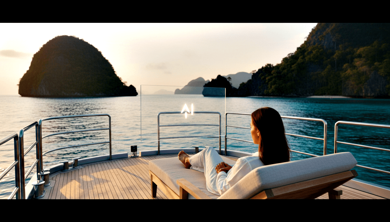 Woman in white reclines barefoot on teak yacht deck, facing turquoise water with forested limestone karst islands under golden-hour light.