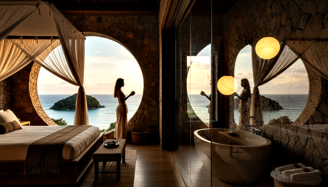 Stone villa interior with canopy bed and globe lights opens through an arch to turquoise ocean; silhouetted woman holds a cup at the threshold.