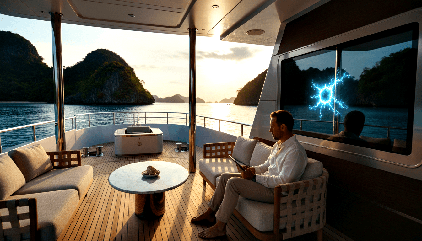 Barefoot man in white shirt on yacht deck holds tablet facing screen with blue network graphic; karst islands at dusk.