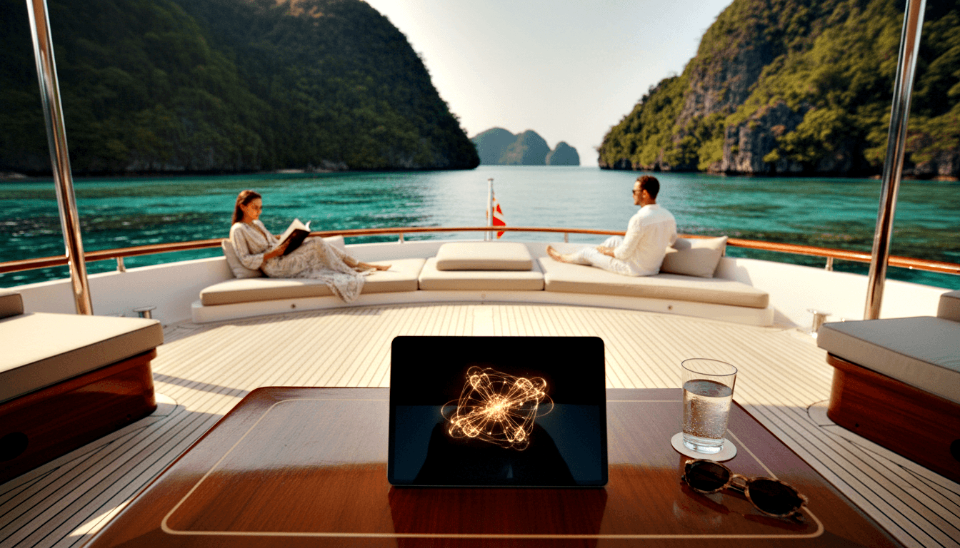 Teak table on yacht deck with tablet, water glass, and sunglasses; woman reads in floral dress as karst islands rise from turquoise water.