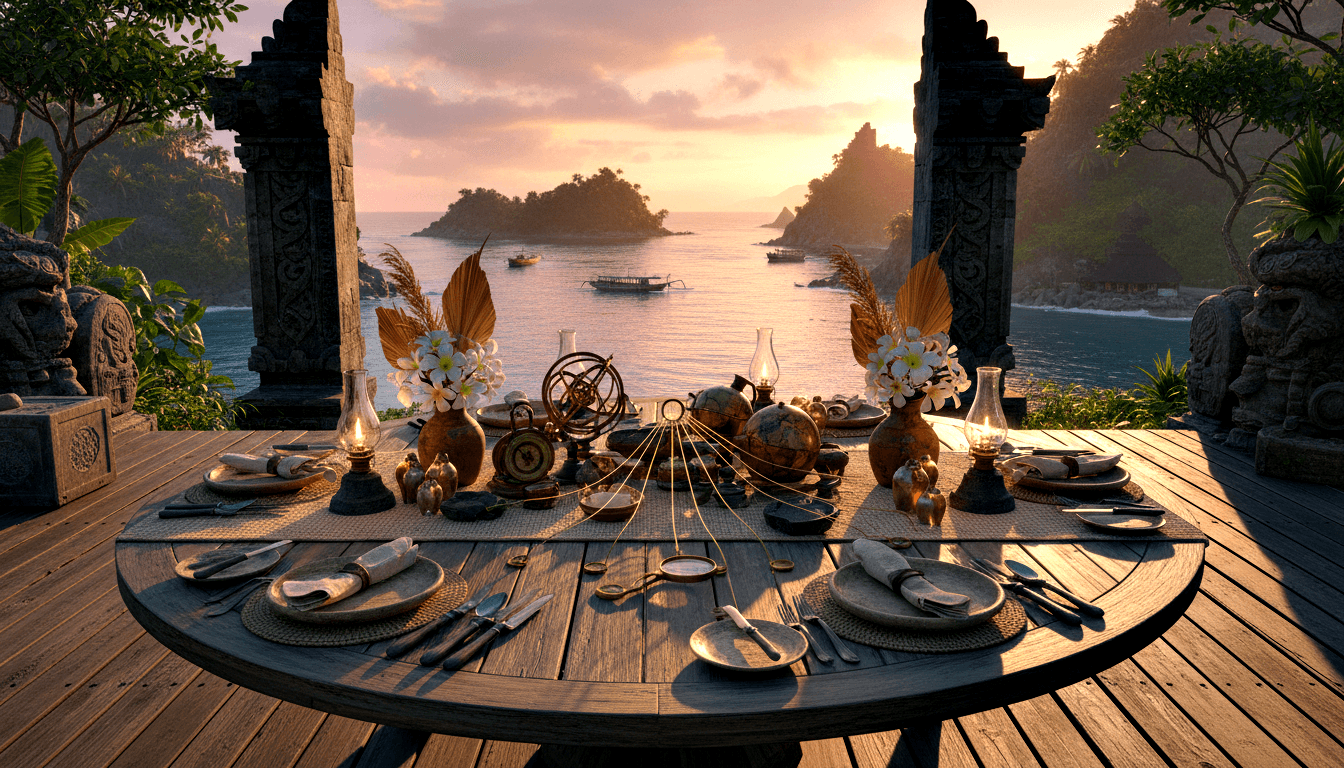 Round dining table with rattan placemats, globe, armillary sphere, lanterns, plumeria, on pavilion overlooking teal bay at sunset.