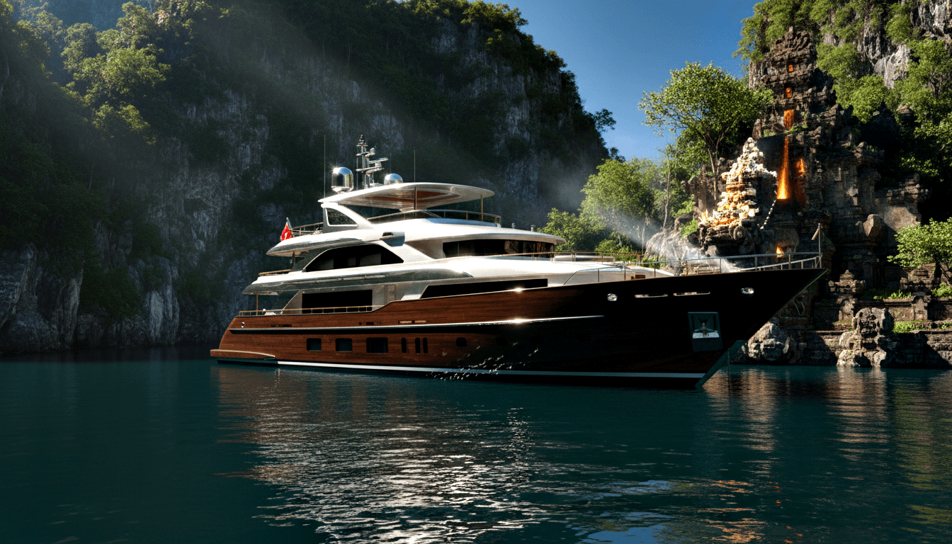 Motor yacht with black hull and white superstructure anchored in a teal lagoon enclosed by steep cliffs with tropical vegetation.
