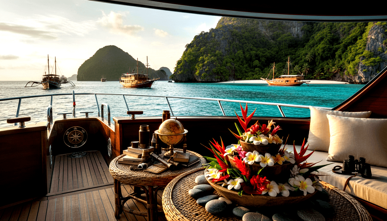Teak deck with wicker tables holding tropical flowers, vintage globe, books, brass telescope; turquoise bay with limestone karst cliffs beyond.