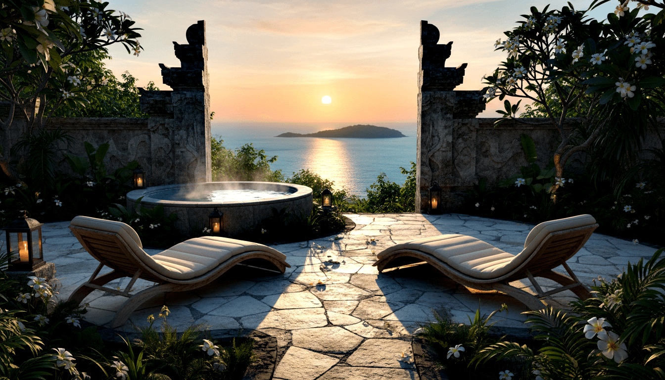Stone terrace spa at golden hour: curved wooden lounge chairs flank a steaming hot tub with ocean sunset view beyond carved pillars.