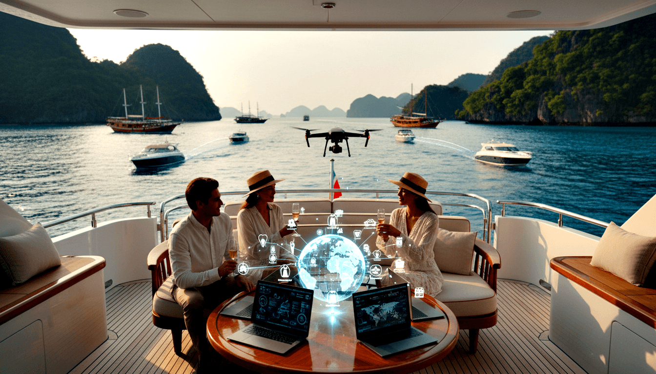 Three adults on yacht deck with champagne, two laptops, and cyan holographic globe; drone hovers, karst cliffs in background.