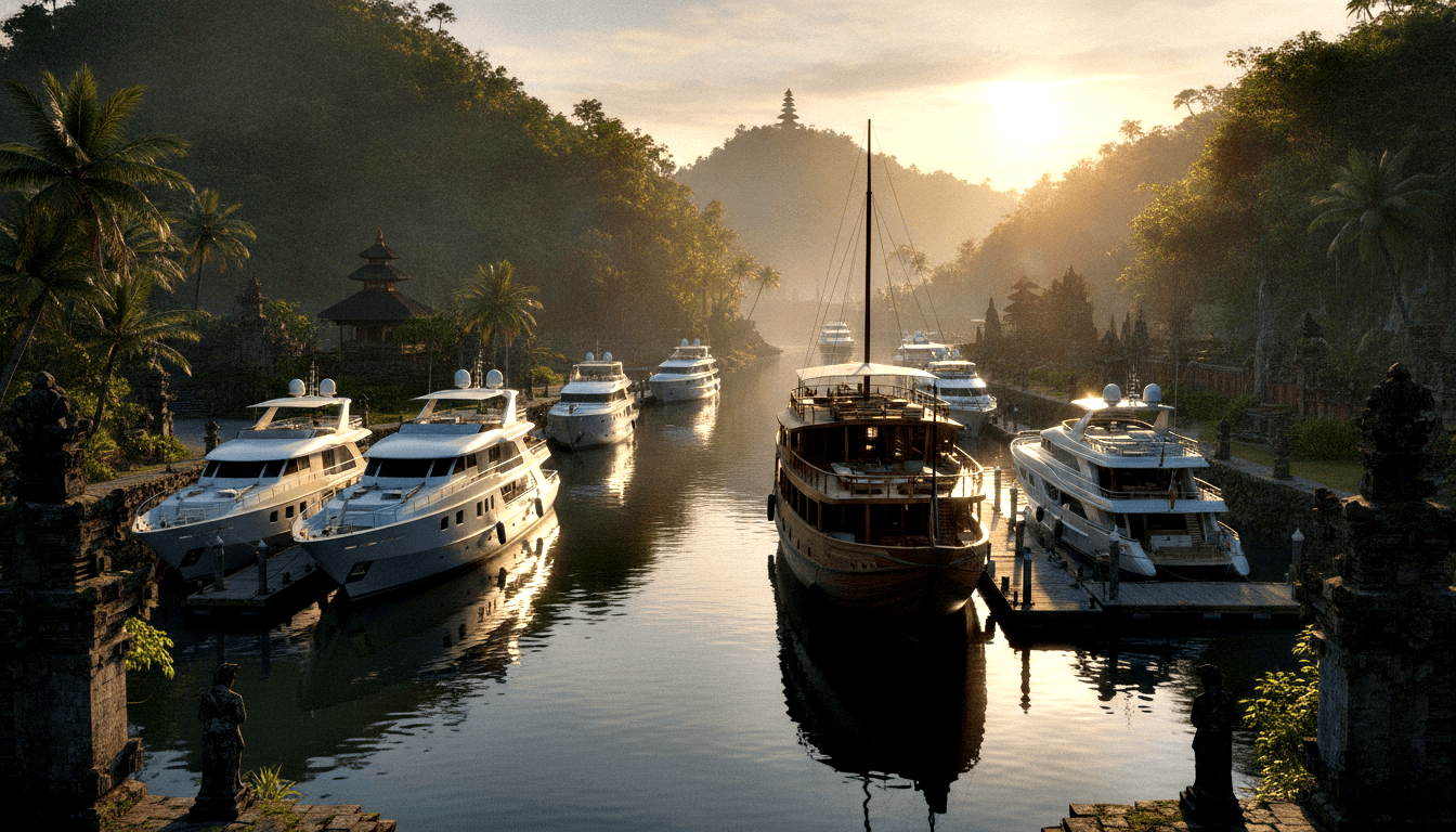 White yachts line a canal at golden dusk, flanking a wooden masted vessel; jungle, pagoda, and shrines recede to horizon.