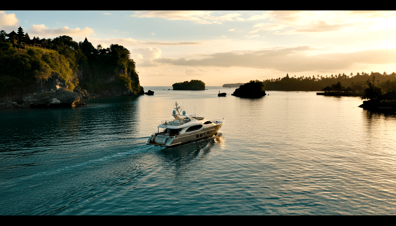 Large white multi-deck motor yacht with radar domes cruising turquoise waters at golden hour, rocky cliffs with pagoda structures at left.
