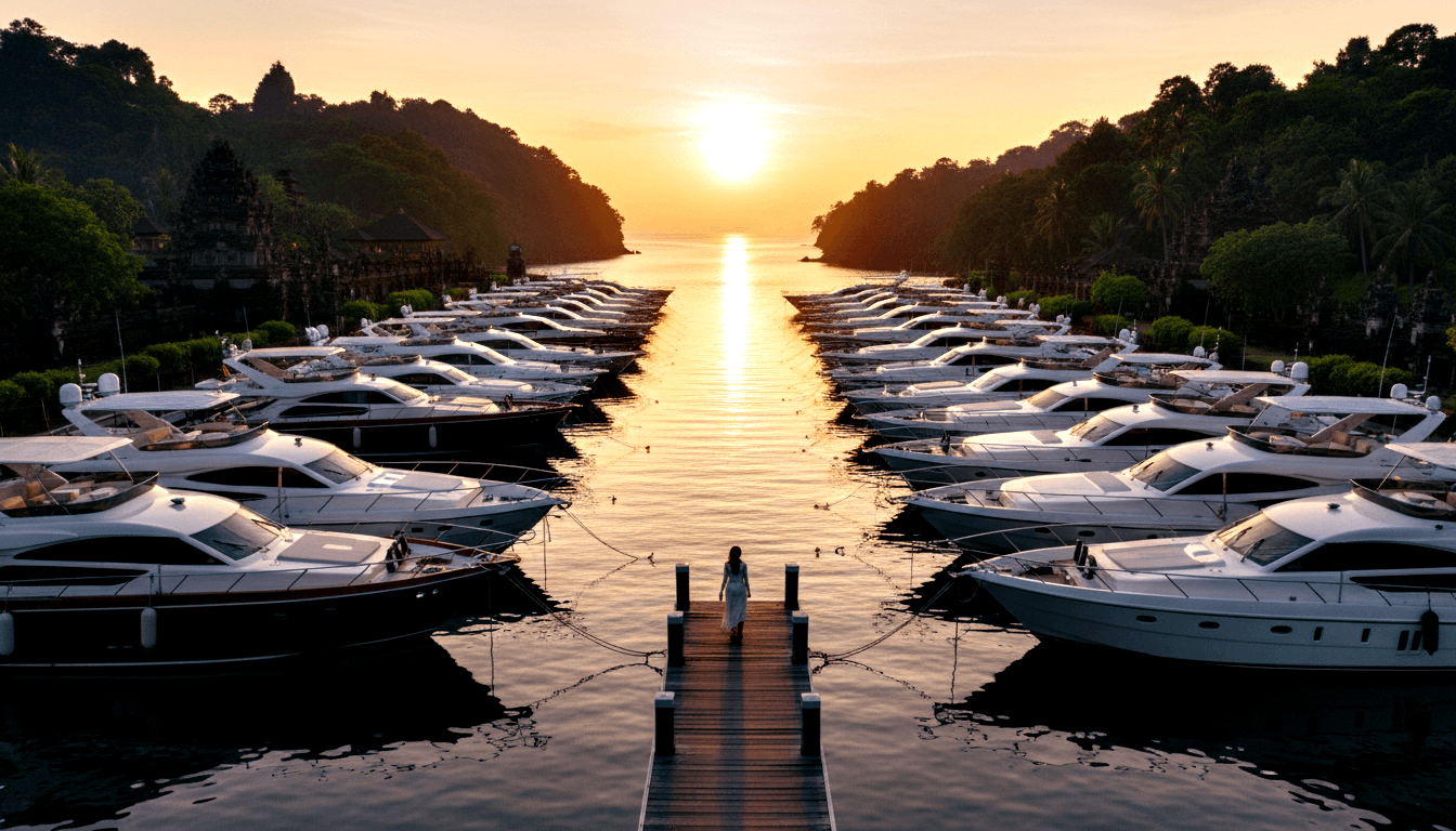 Marina channel with large white motor yachts docked on both sides, a lone figure on the central wooden dock facing a golden sunset.