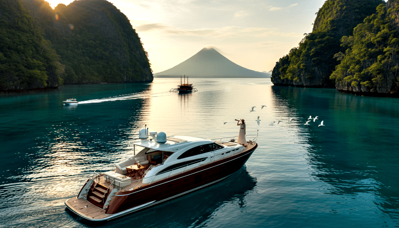 Dark mahogany yacht sails turquoise water between karst cliffs; woman in white dress and hat holds spyglass on bow.