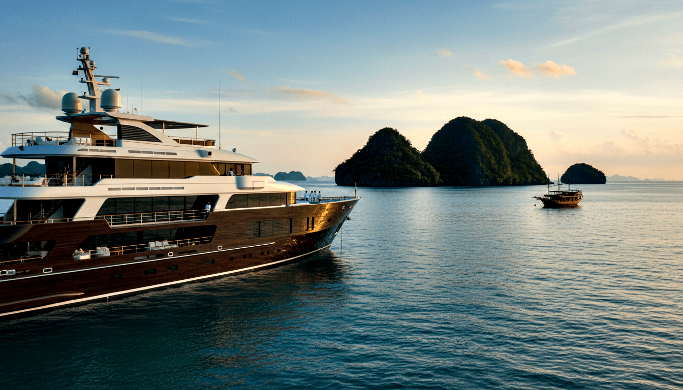 Large multi-deck motor yacht with teak hull, white superstructure, and gold railings on calm grey-blue water near karst limestone islands.