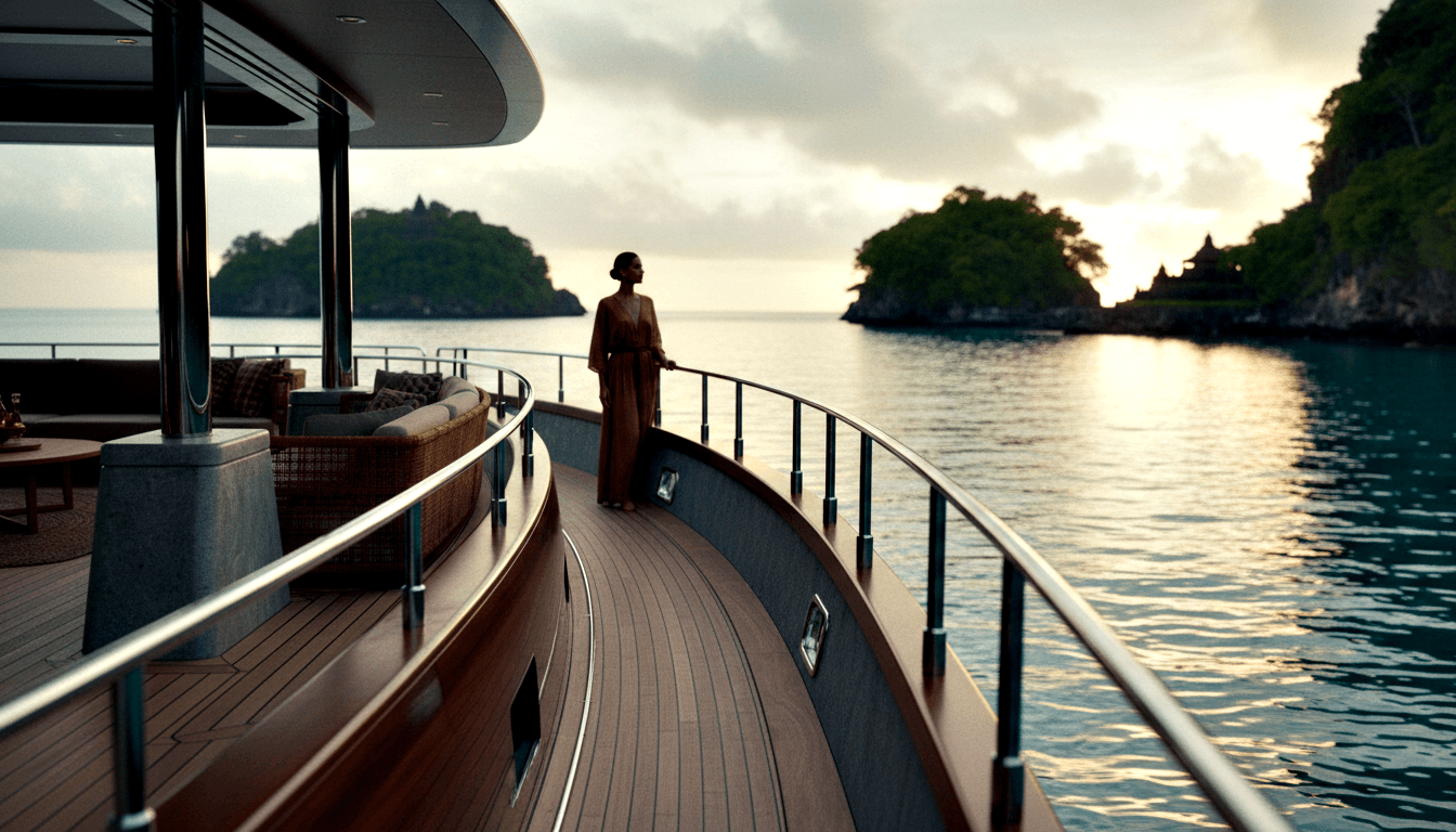 Woman in rust-brown robe stands at curved stainless-steel railing on yacht deck, teal water and vegetated islands visible beyond.