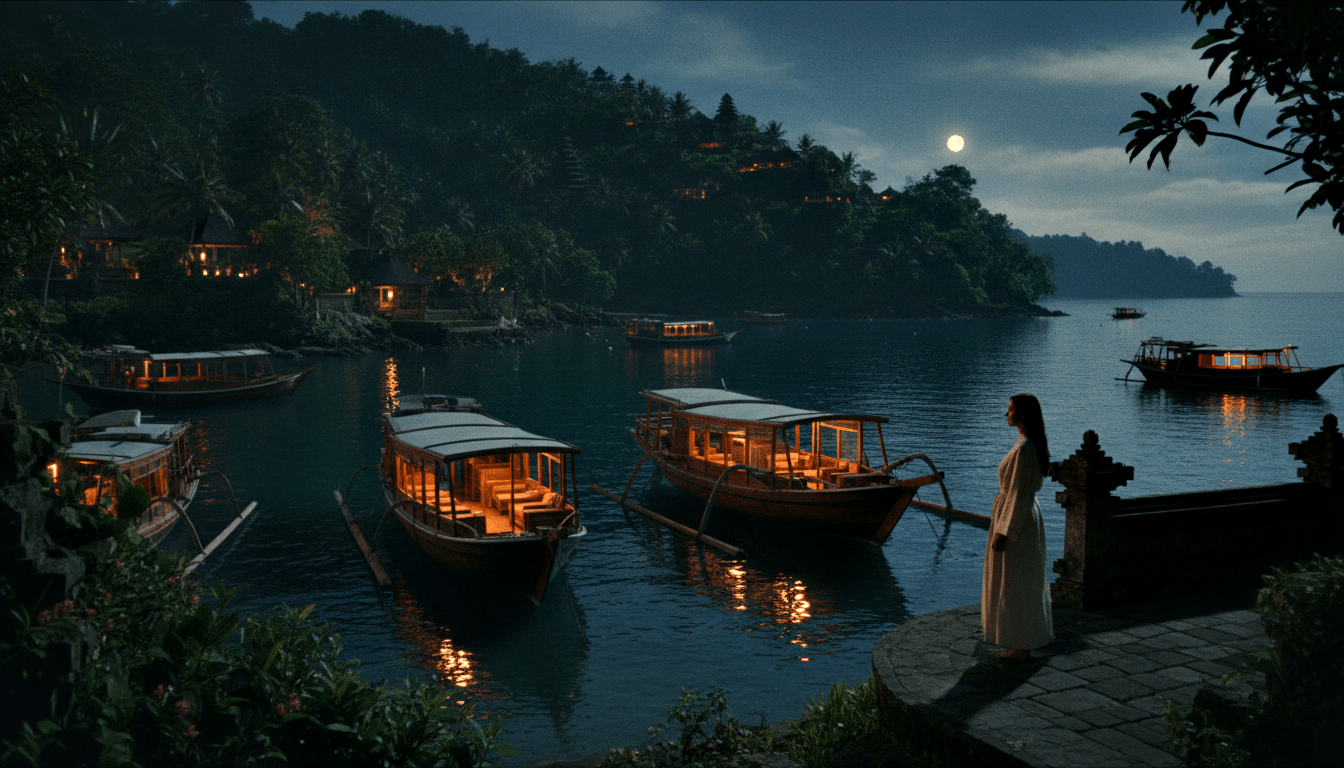 Woman in white dress on stone terrace faces moonlit harbor with illuminated outrigger boats and forested hills at night.