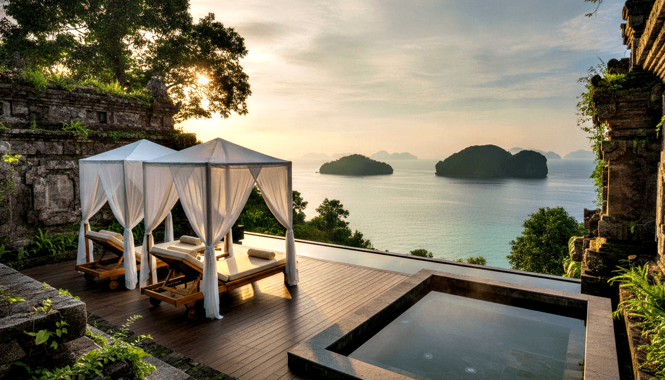 Wooden deck with two white canopy daybeds flanking a plunge pool, moss-covered stone walls, sea and forested islands beyond.