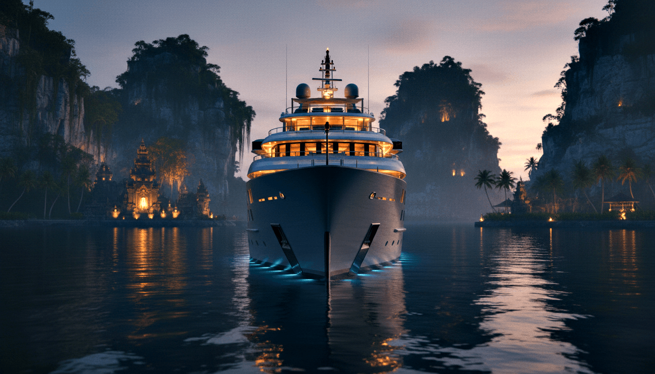 CGI superyacht bow-forward on still water, cyan hull lights, limestone karst cliffs, pagoda with lanterns, pink twilight sky.