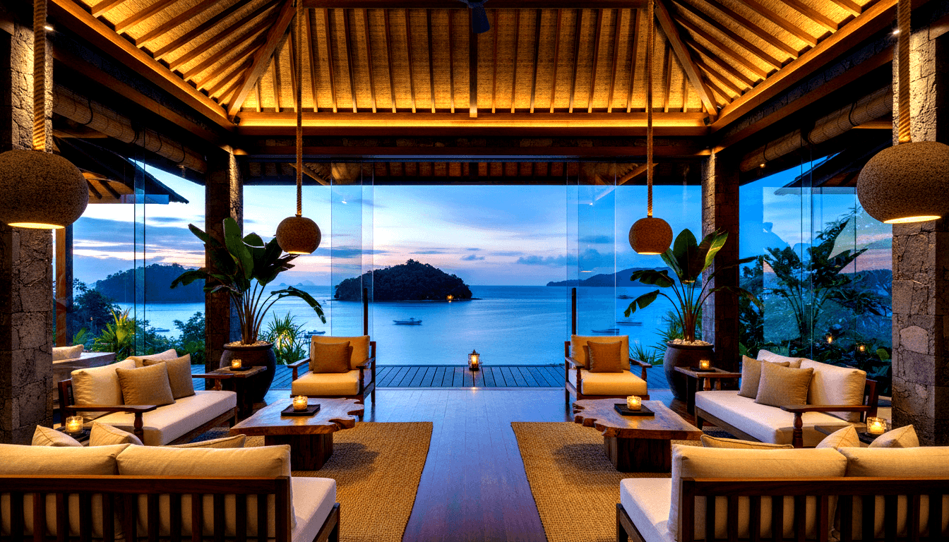 Open-air thatched pavilion lounge with cream cushioned sofas, amber pendant lights, and a central view to a calm ocean bay at twilight.
