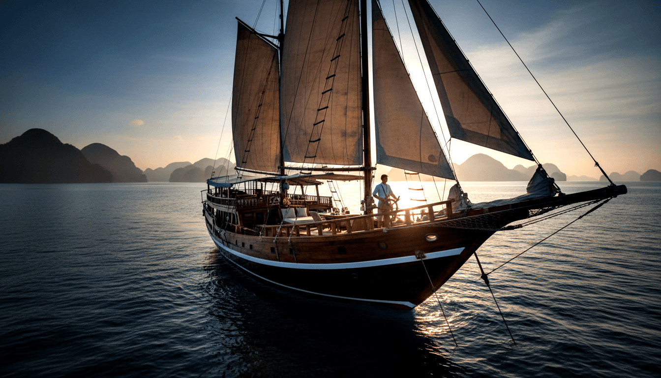 Traditional wooden sailing vessel with dark hull and tan sails, one person at the wheel, karst silhouettes against twilight sky.