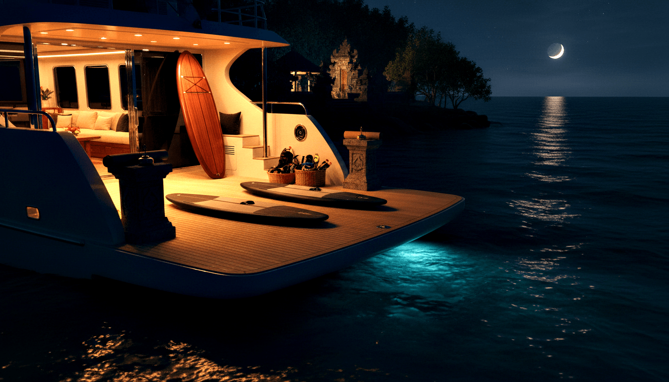 CGI nighttime scene: stern of large moored yacht with teak decks, foil boards, snorkeling gear, amber cabin lights, teal underwater hull lights.