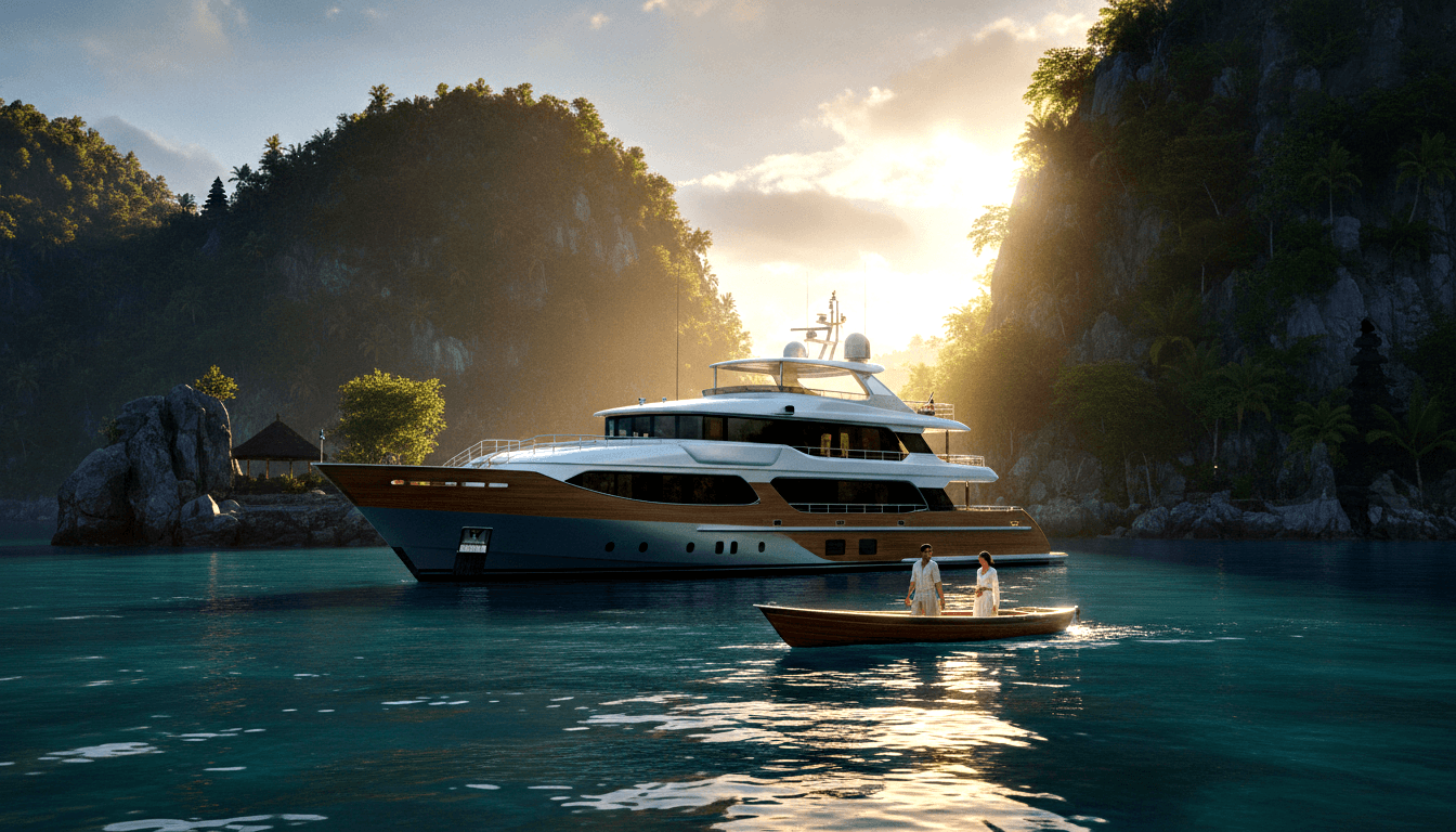 White multi-deck superyacht anchored in a turquoise cove with steep cliffs; two adults in white face each other near a wooden tender.