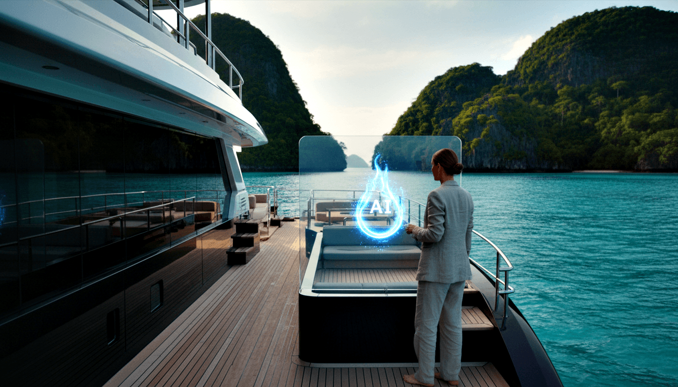 Barefoot person in gray linen suit touches a glowing blue holographic AI panel on a superyacht deck near karst cliffs.