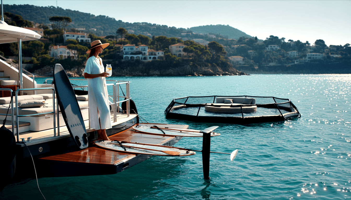 Woman in white linen midi dress and straw hat stands barefoot on yacht stern holding iced drink, gazing at turquoise water.