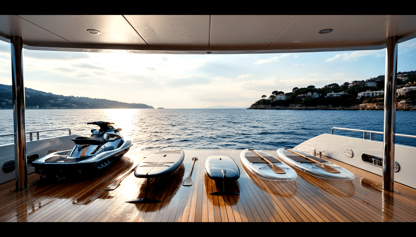 Jet ski and three stand-up paddleboards with wooden paddles on teak stern deck, calm blue water and pine-covered rocky hillside beyond.