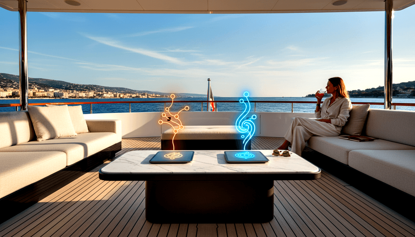 Upper yacht deck lounge with two holographic light sculptures on a marble table; woman in white holds a glass, ocean in background.