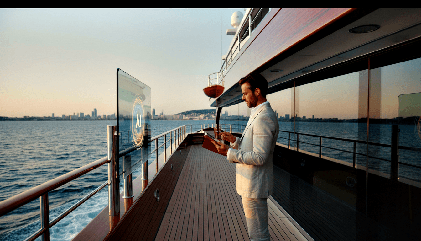 Man in cream linen suit on superyacht deck viewing tablet beside holographic panel with glowing circular AI graphic.