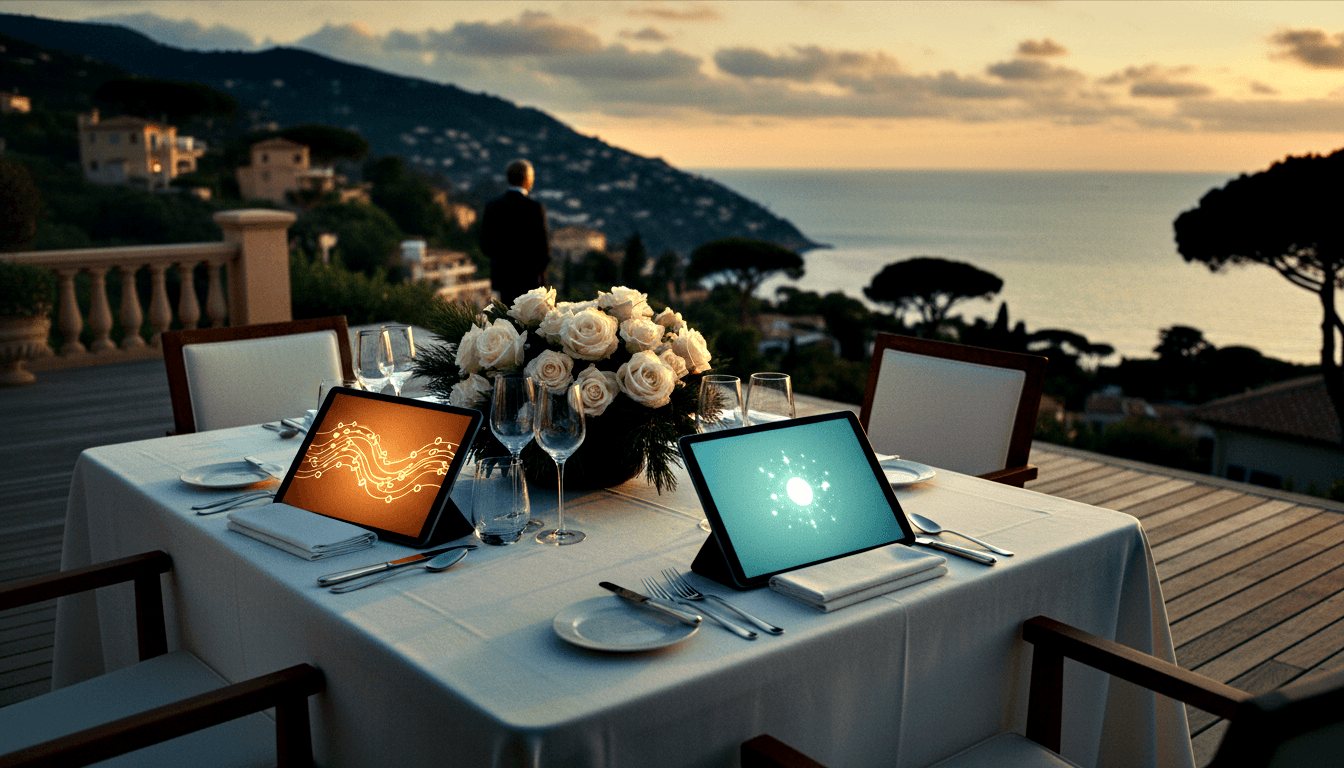 Outdoor dining table with glowing tablets, white roses, crystal glasses; suited figure faces coastal town at twilight.