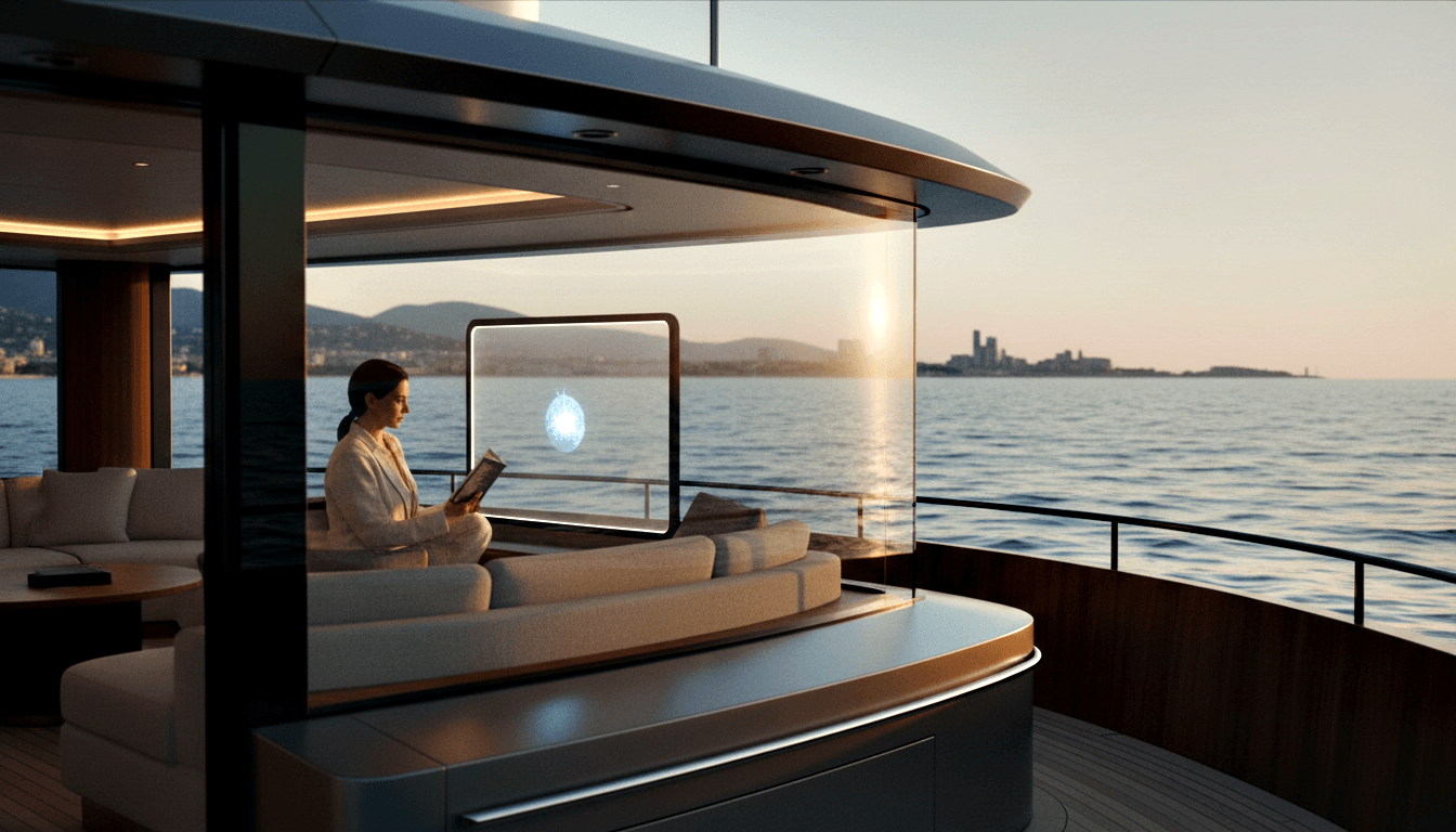 Woman in cream robe reading on a curved beige sectional sofa beside a transparent screen with a glowing blue sphere on a yacht deck at sunset.