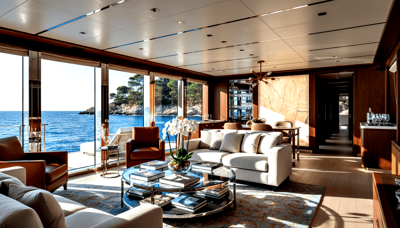 Wood-paneled salon with cream sofas, cognac armchairs, and glass coffee table; floor-to-ceiling doors open to a deck overlooking blue ocean.