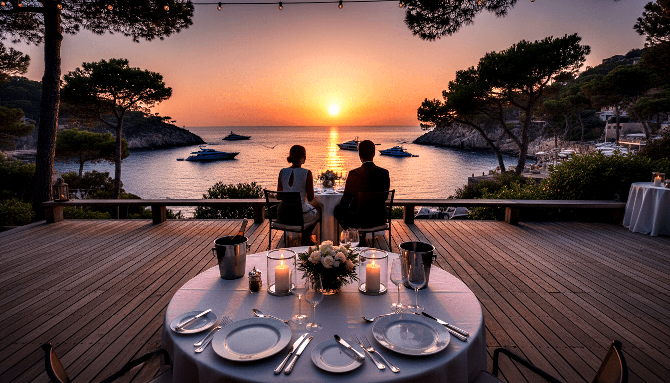 Wooden terrace restaurant at sunset overlooks cove with yachts; table set with candles, wine glasses, white roses, champagne bucket.