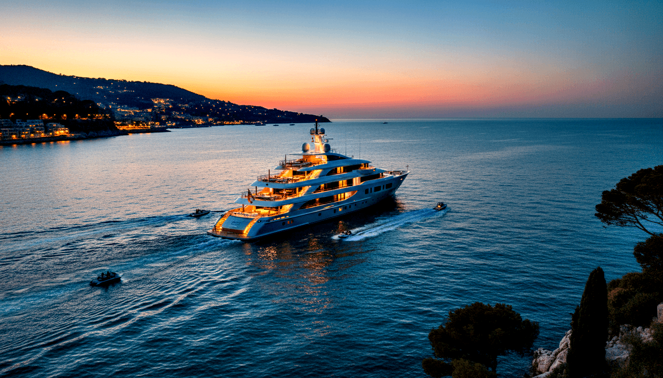Large white multi-deck superyacht with lit windows crosses calm water at twilight, flanked by two smaller tenders.